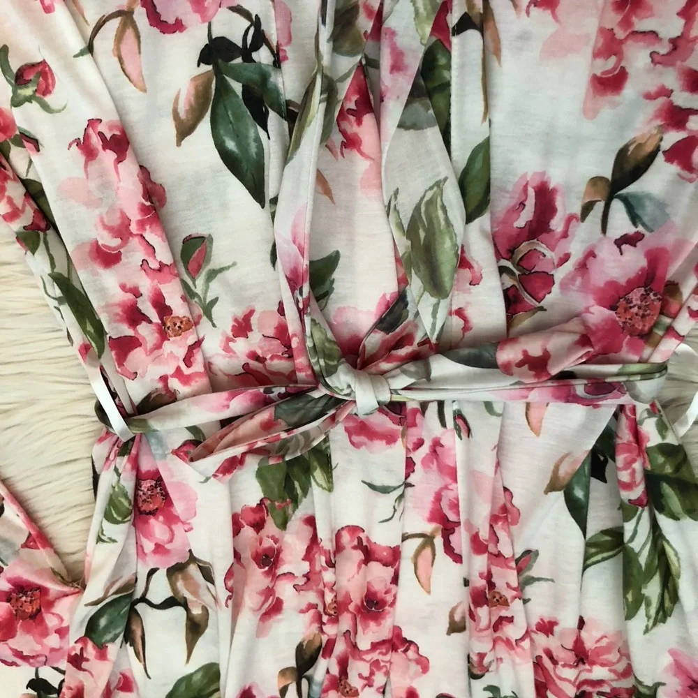Show Me Your Mumu Pink Roses Floral Prints White Open Front Robe Lounge Wear OS